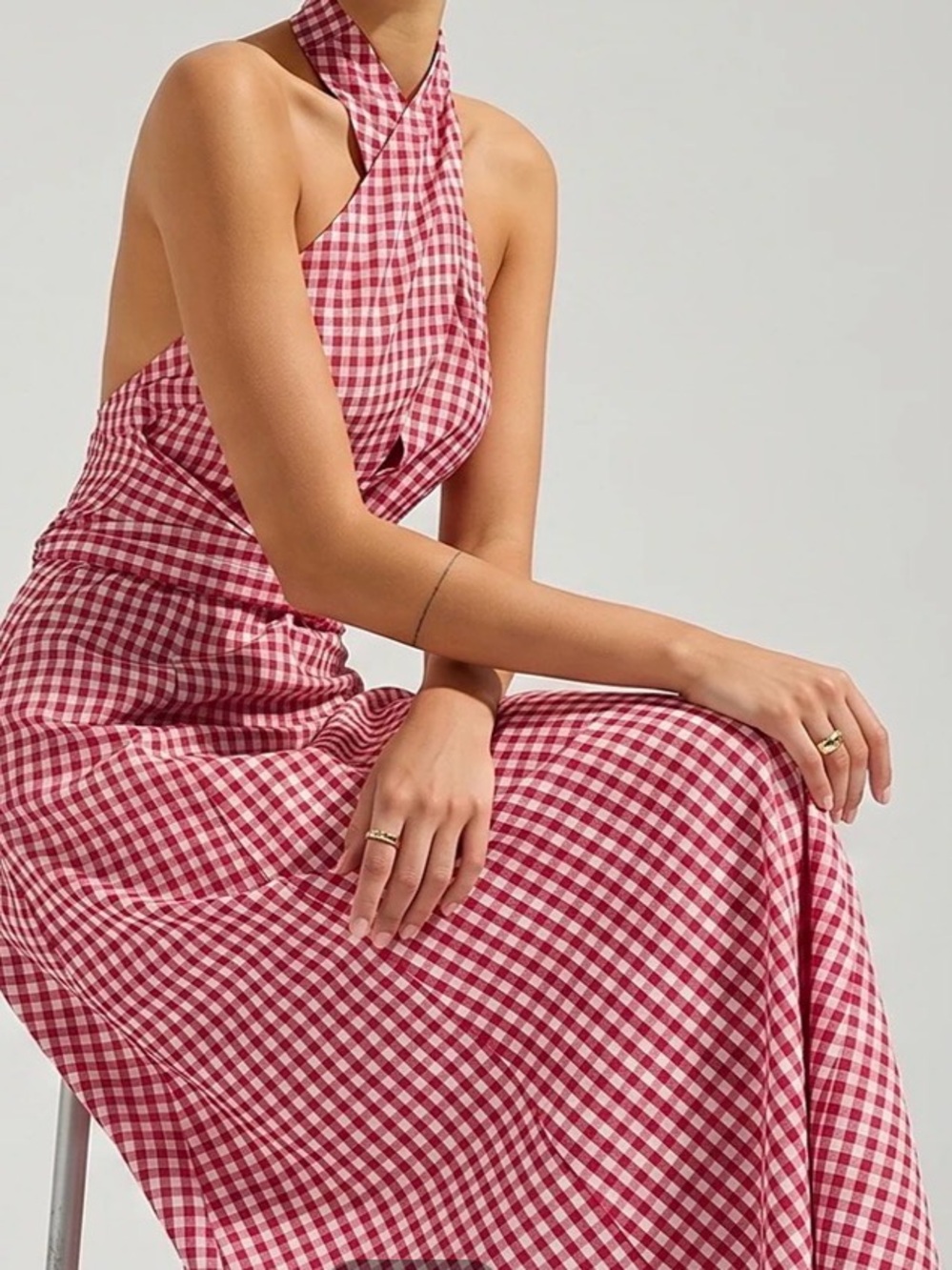 Commense Red and White Gingham Halter Maxi Dress